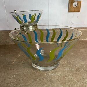 Mid century Blue and Lime Anchor Hocking Glass Chip and Dip